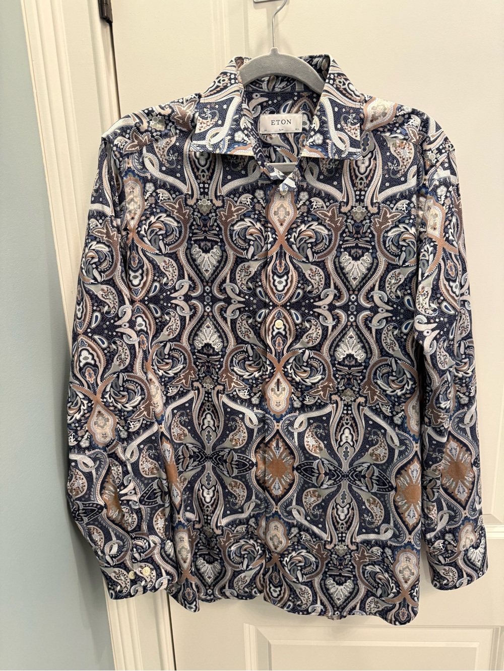 Men’s Eton Paisley Button-Down Shirt in Navy and Tan